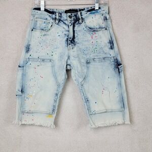 Decibel Mens 30 Light Blue Excellent Paint Splatter Acid Wash Carpenter Shorts